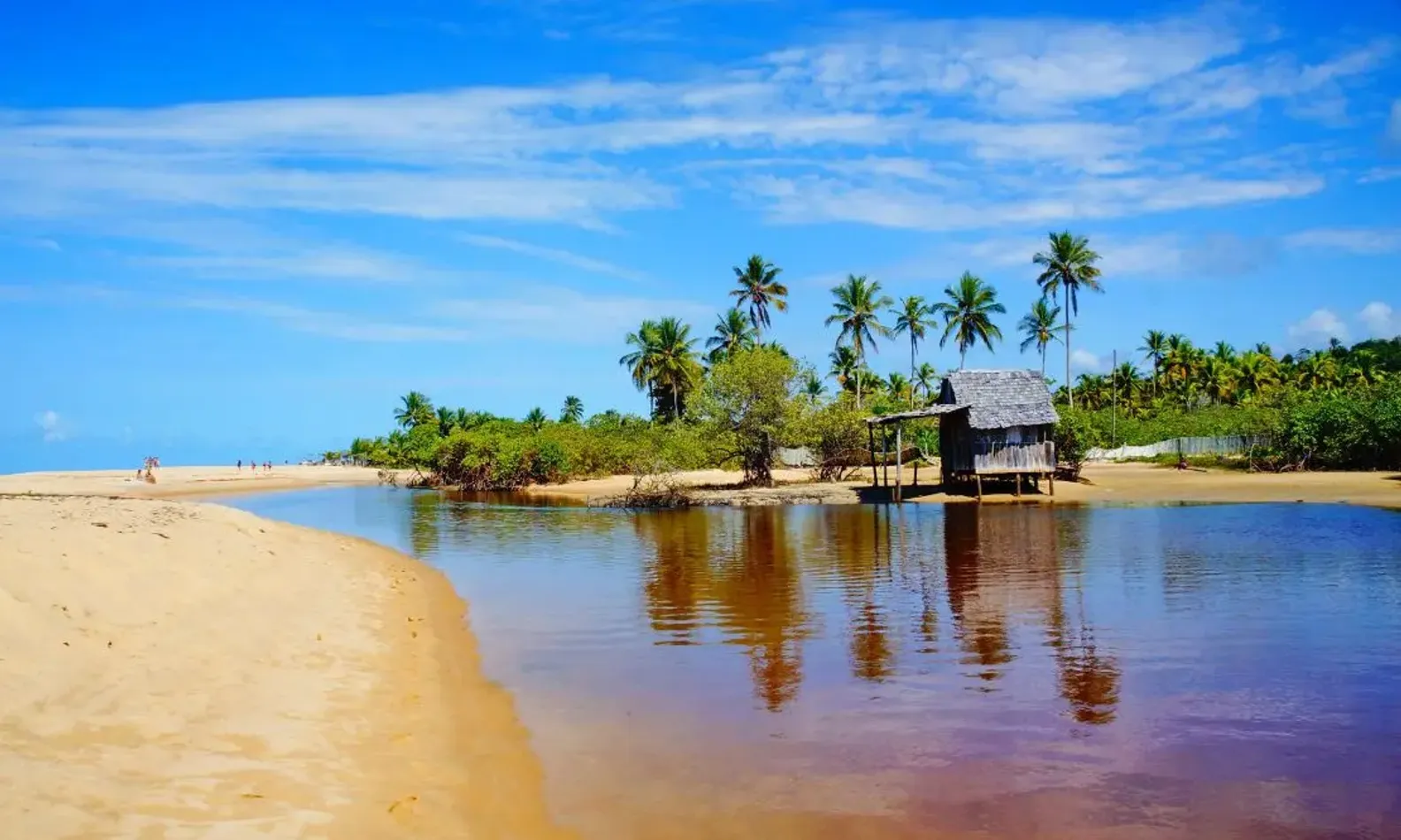 Afluente do rio entrando no mar e uma cabana de madeira perto da praia em Porto Seguro